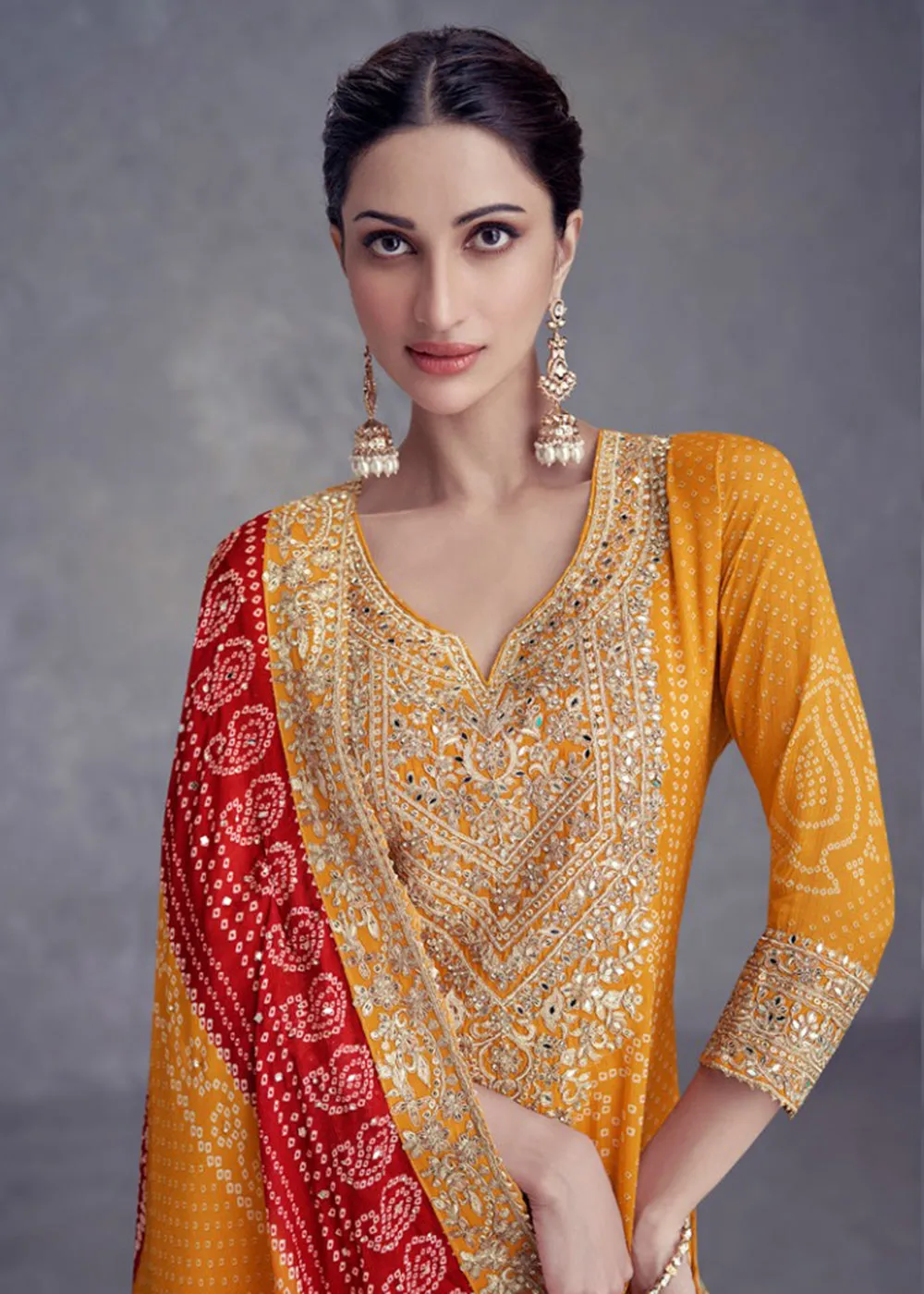 Yellow Embroidered Chinnon Wedding Style Palazzo Suit