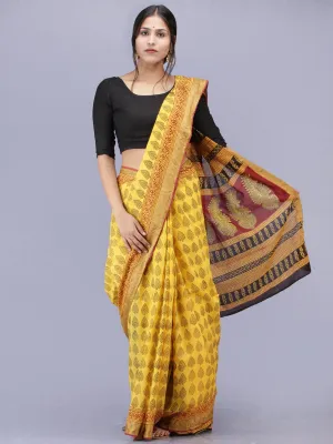 Yellow Maroon Black Bagh Printed Maheshwari Cotton Saree - S031704172