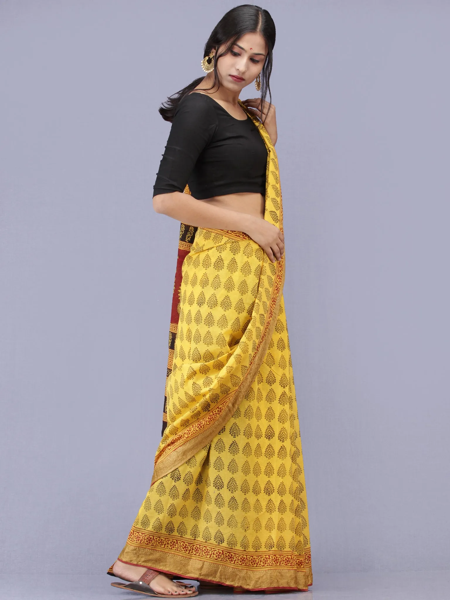 Yellow Maroon Black Bagh Printed Maheshwari Cotton Saree - S031704172